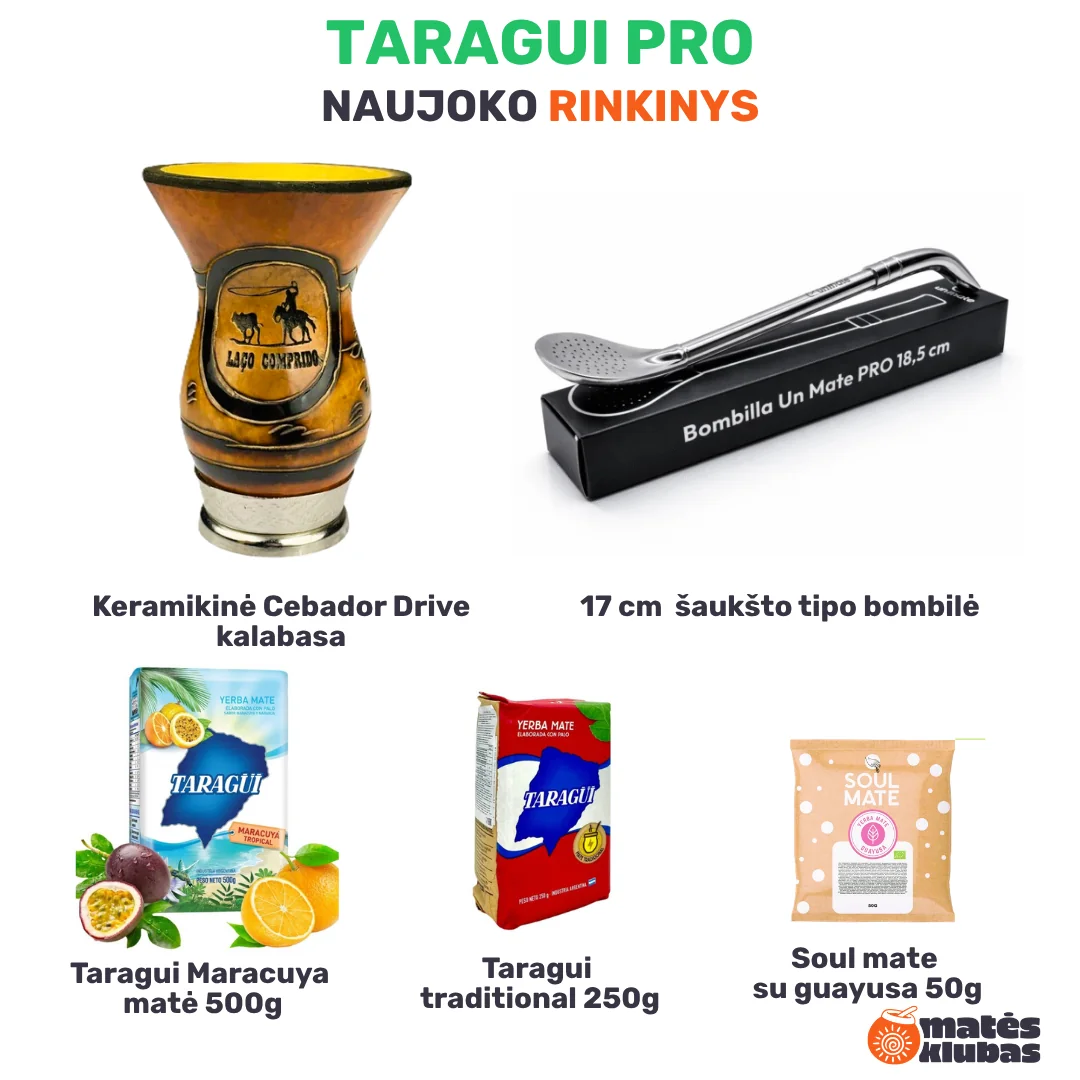 Taragui PRO yerba mate rinkinys naujokui: rankų darbo CUIA kalabasa, Un Mate pro bombilė ir Taragui matė